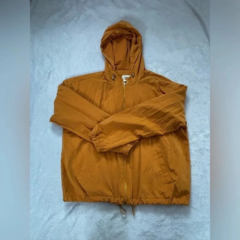 Hooded Windbreaker‎ Jacket Gold Zip Pockets Drawstring Lightweight
